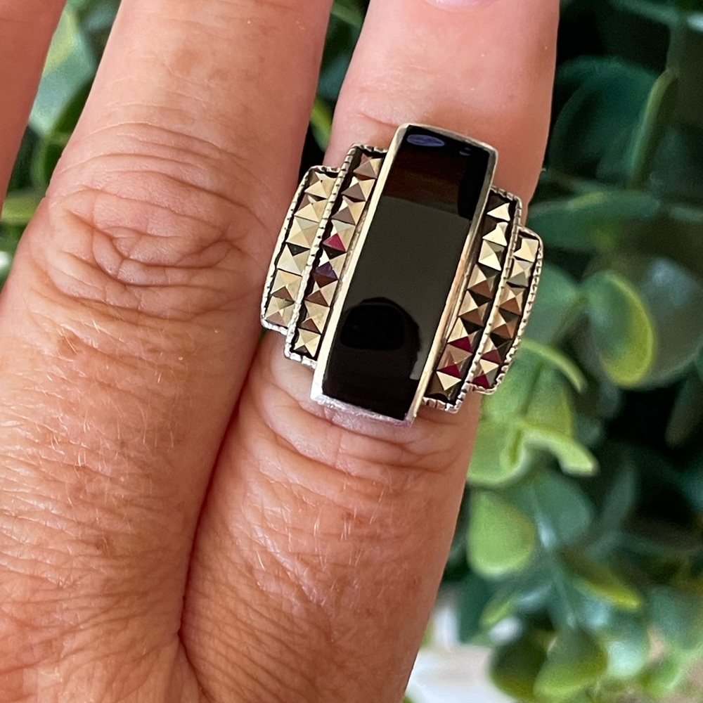 HSN Carol Brodie Sterling Silver CFJ Black Onyx Marcasite cocktail Ring Size 5.5 - Picture 8 of 8